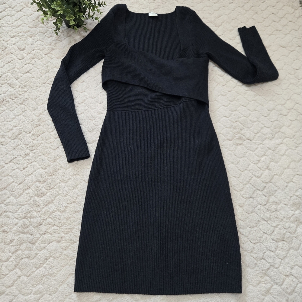 Abercrombie & Fitch Black Ribbed Crossover Front Sweater Mini-Dress, Size Large - Picture 2 of 11